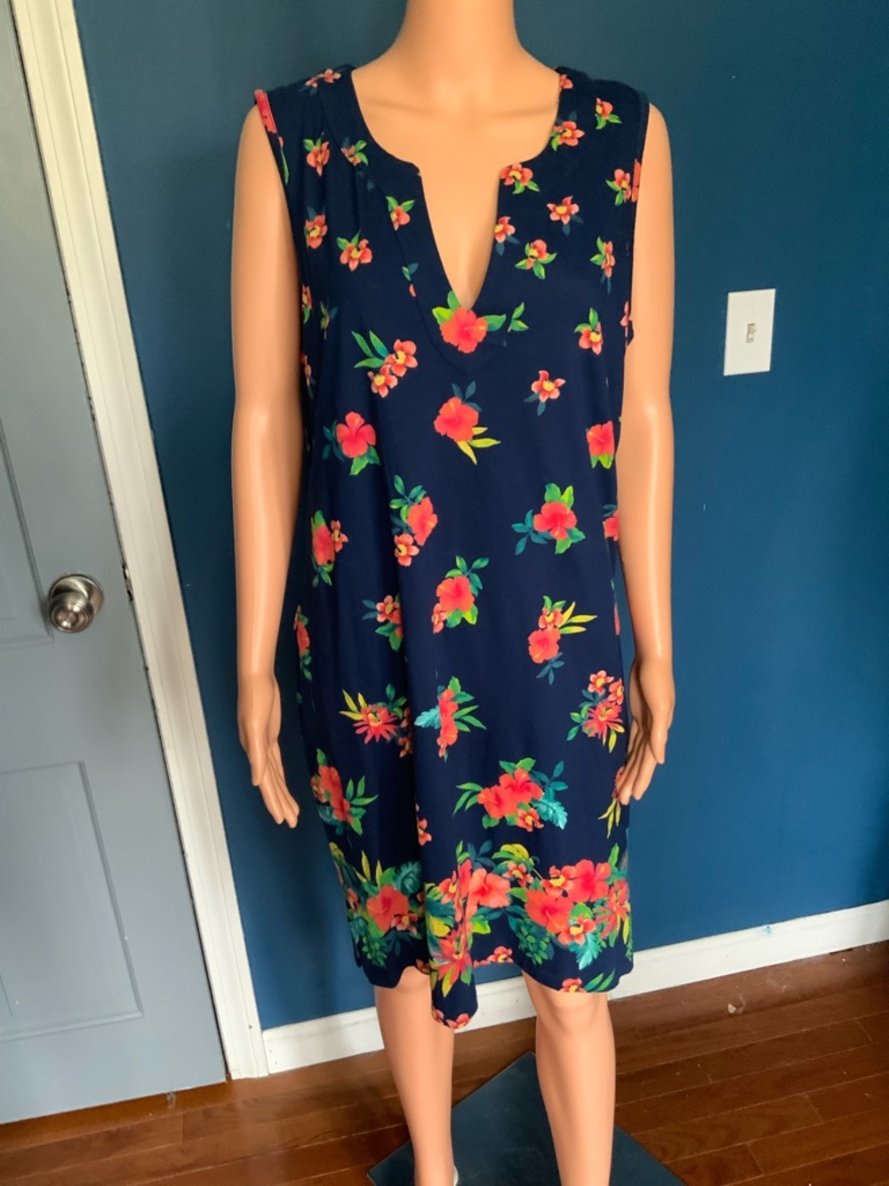 Lands' End Navy Floral Keyhole Shift Dress 12/14